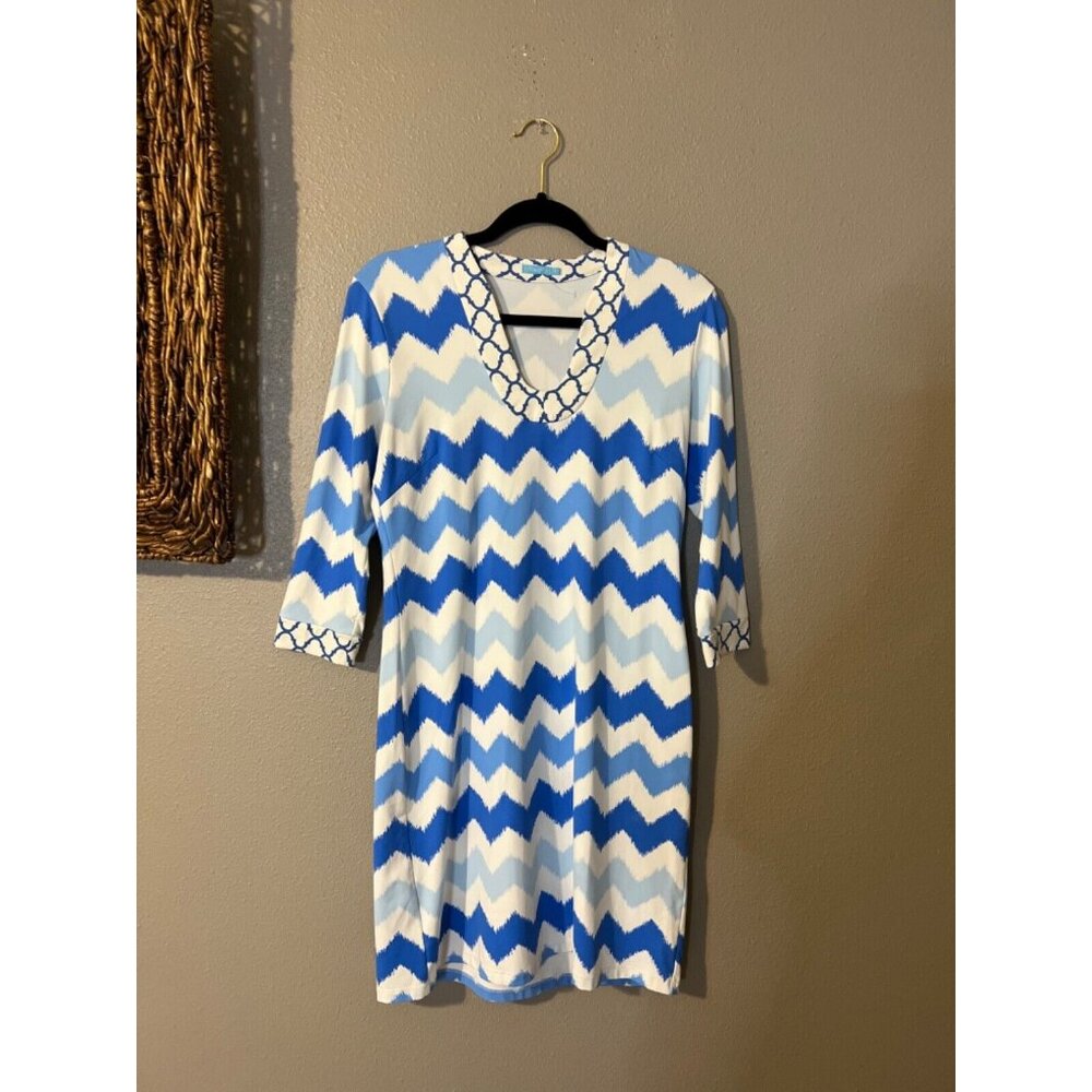 J. McLaughlin Dress Blue White S Small 3/4 Long Sleeve Stretch Shift Washable - Picture 6 of 9